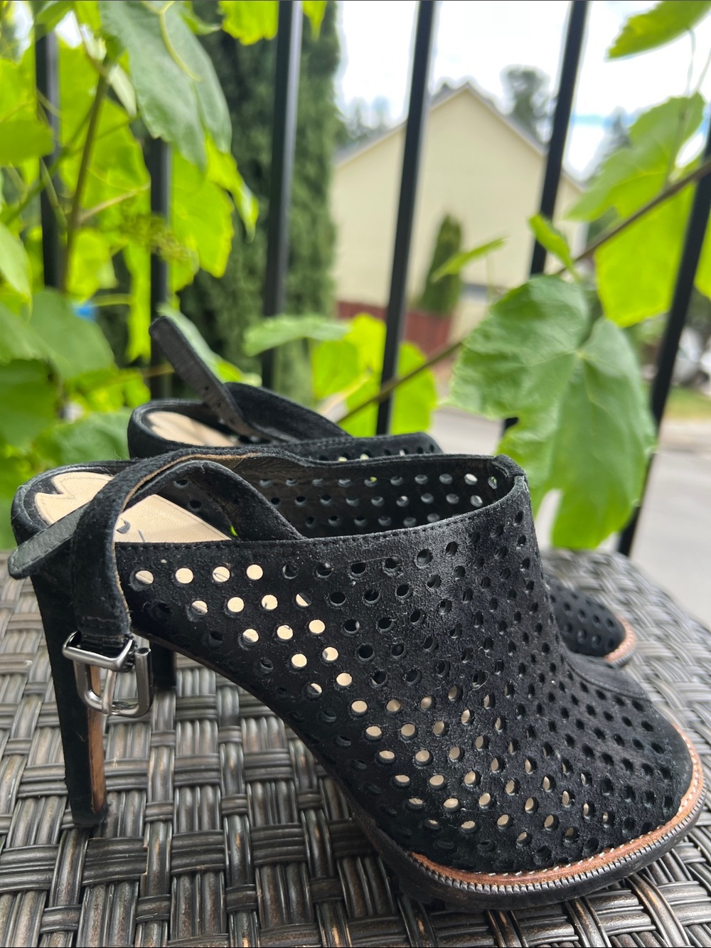Via Spiga Black Perforated Suede Slingback Heels log sole